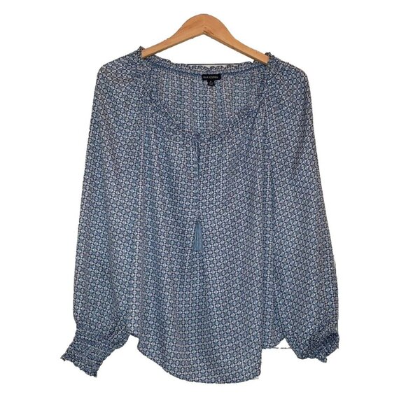 Max Edition Women Blouse Blue White Geometric Long Sleeve Peasant Top Size Small - Picture 14 of 14
